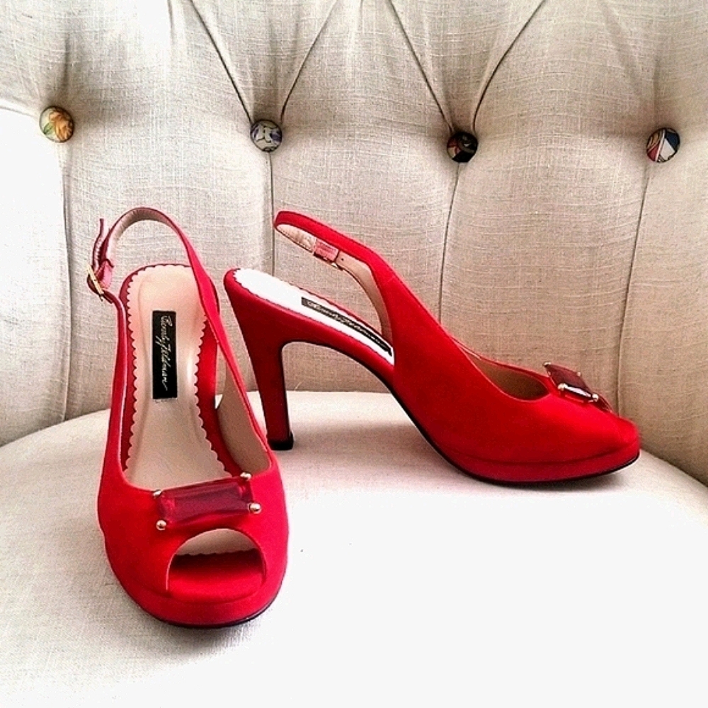 Beverly Feldman red sling back peep toe heel